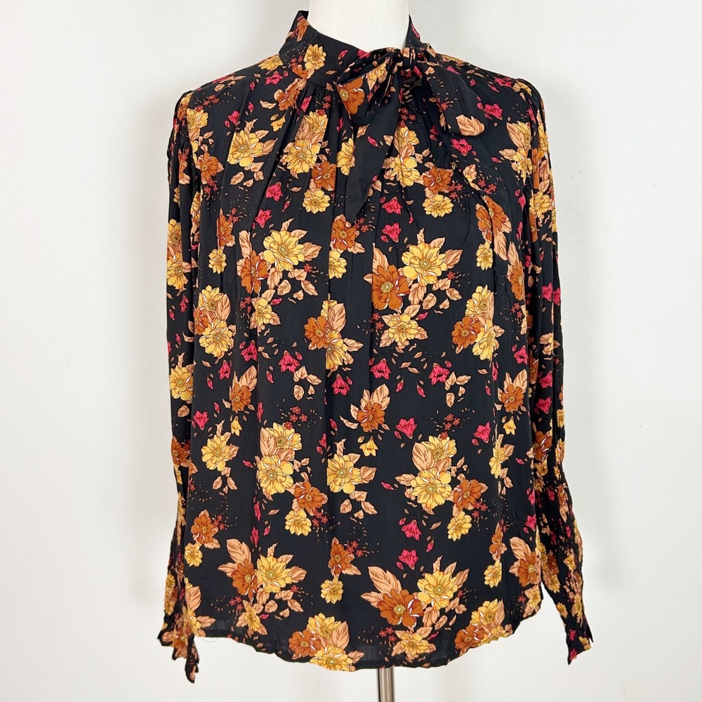 Women's Fall Floral Top Black Tie Neck Smocked Cuff Size Large Women's